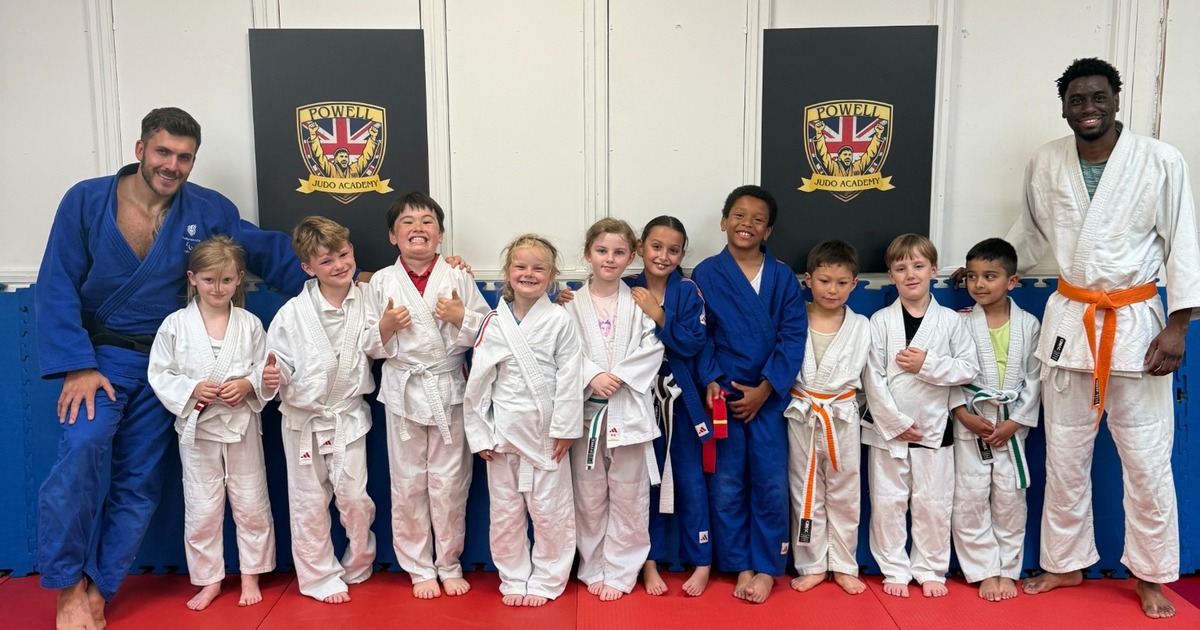 Children and adults at Powell Judo Academy in Leicester
